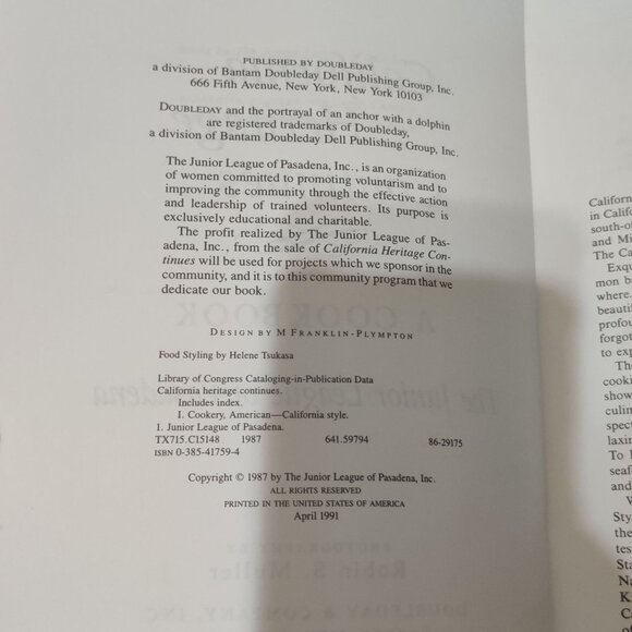 California Heritage Continues Cookbook Junior League of Pasadena 1991 Recipes - Picture 7 of 12